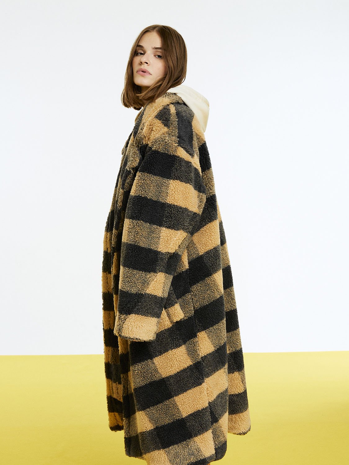 HYSOVA Double Breasted Plaid Faux Fur Coat