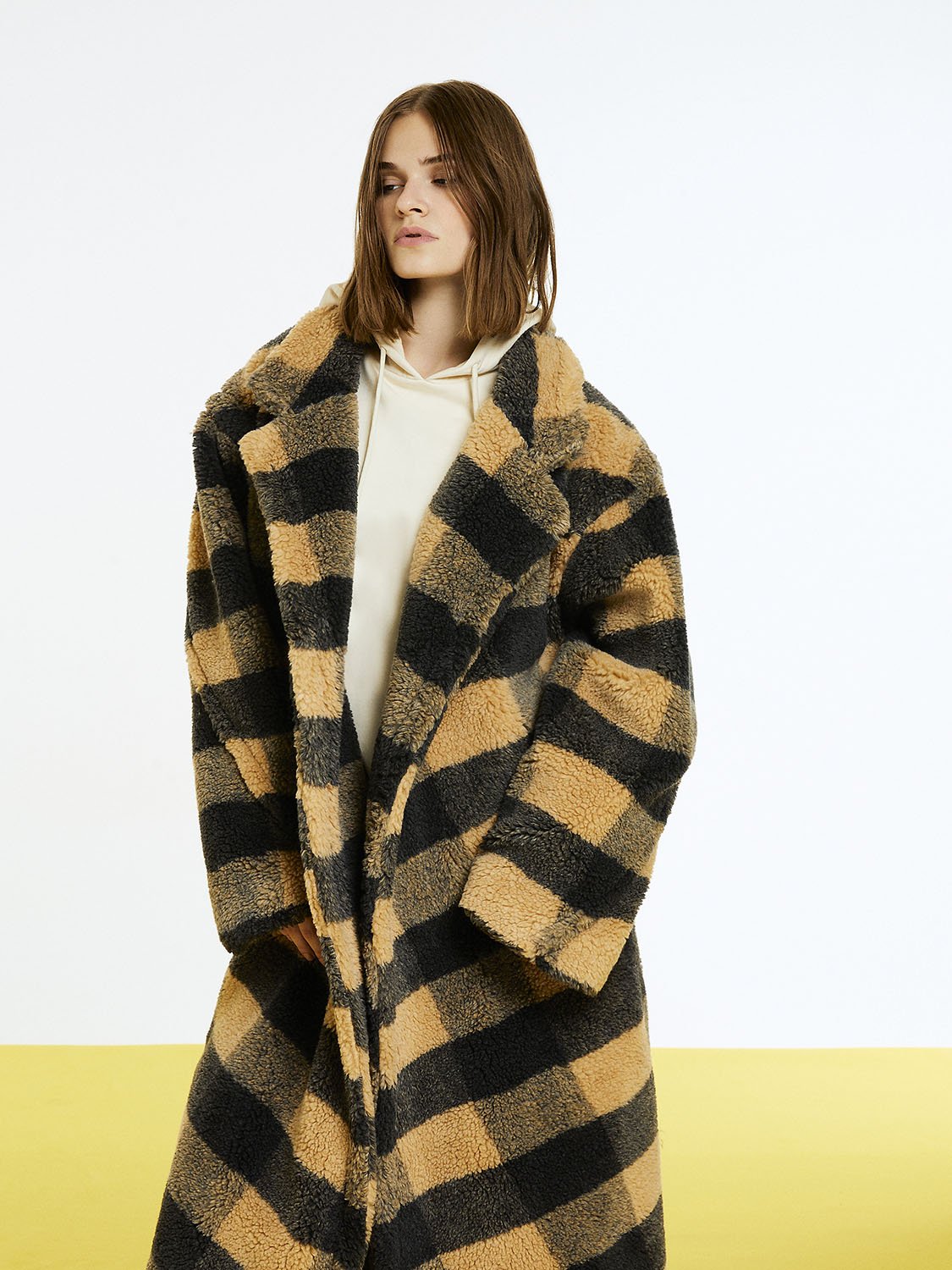HYSOVA Double Breasted Plaid Faux Fur Coat