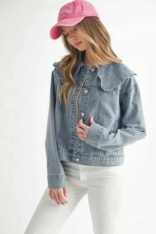 HYSOVA Scallop Peter Pan Collar Denim Jacket