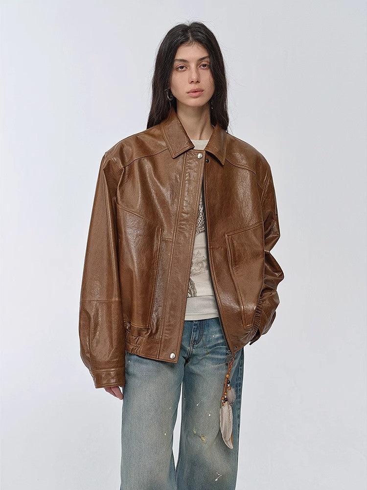 HYSOVA waxed sheep leather retro work jacket coat