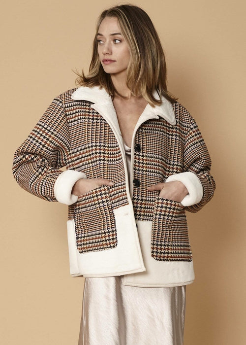 HYSOVA Plaid Fur Jacket in Rust Houndstooth