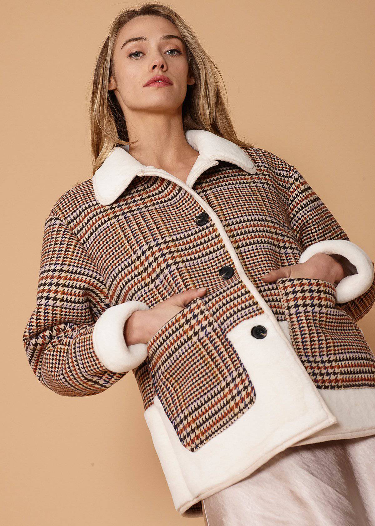 HYSOVA Plaid Fur Jacket in Rust Houndstooth