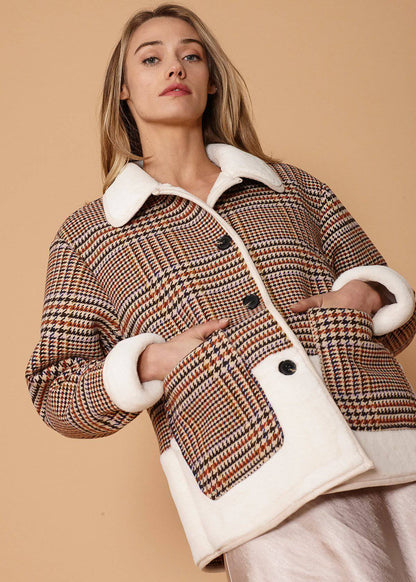 HYSOVA Plaid Fur Jacket in Rust Houndstooth