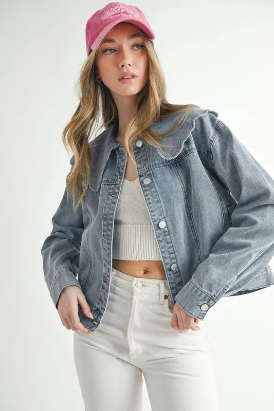 HYSOVA Scallop Peter Pan Collar Denim Jacket