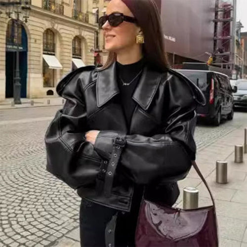 HYSOVA Cropped Leather Jacket