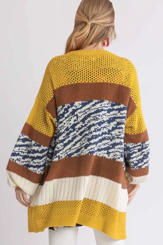 HYSOVA Color Block Open Front Longline Cardigan