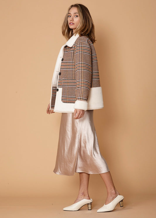 HYSOVA Plaid Fur Jacket in Rust Houndstooth