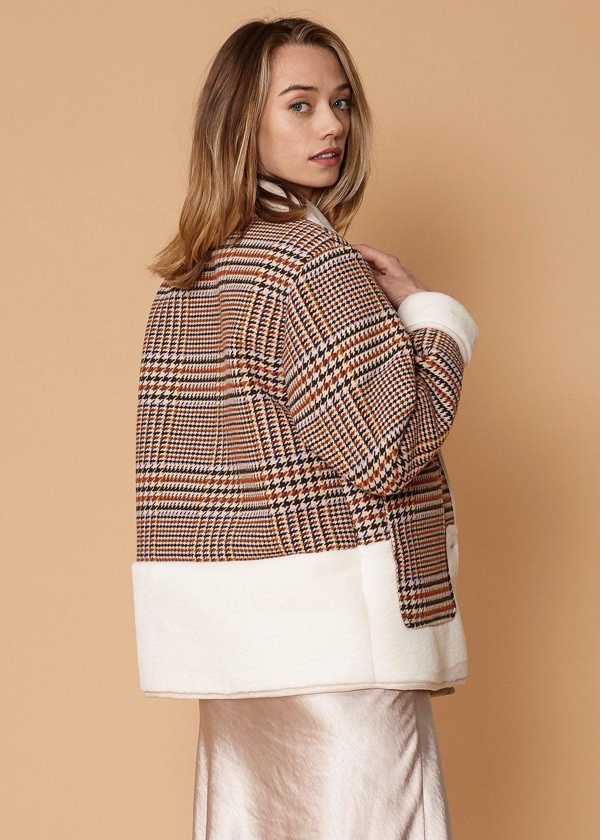 HYSOVA Plaid Fur Jacket in Rust Houndstooth