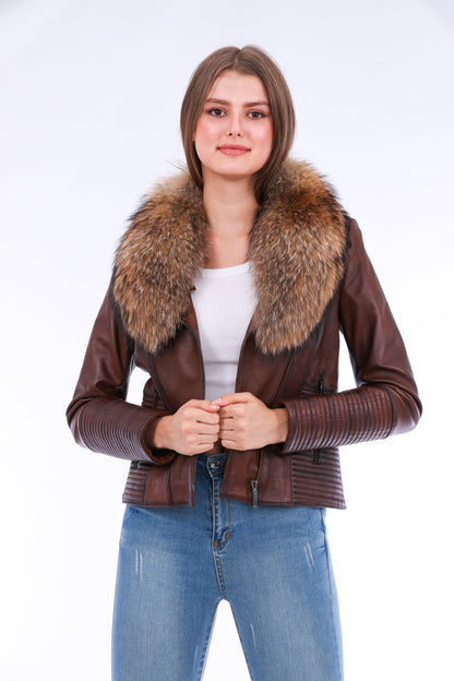 HYSOVA Leather Biker Jacket - Brown