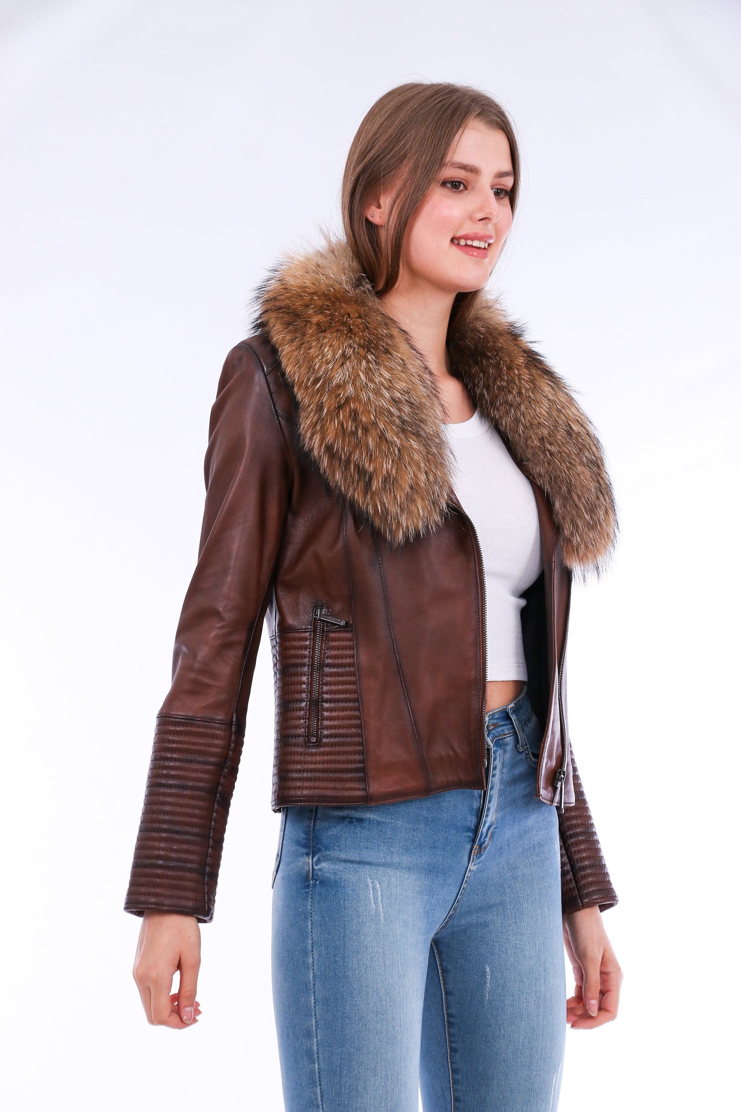 HYSOVA Leather Biker Jacket - Brown