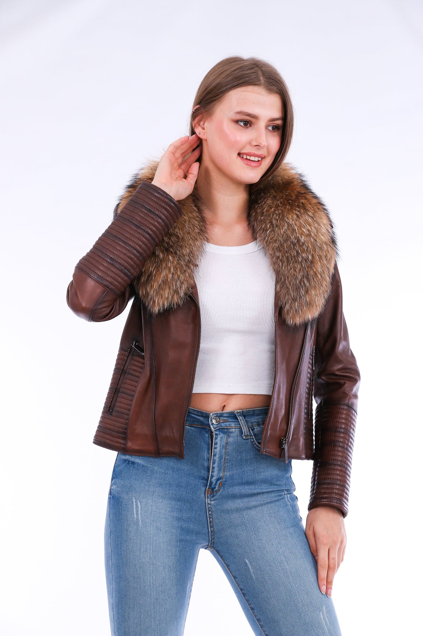 HYSOVA Leather Biker Jacket - Brown