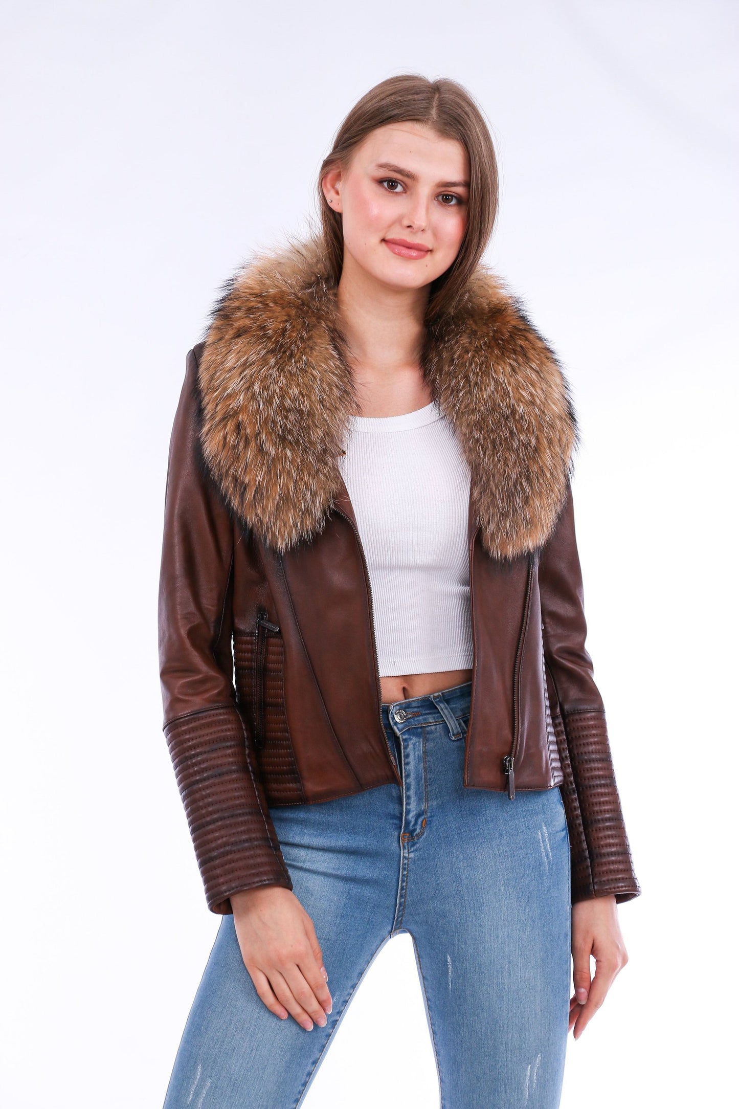 HYSOVA Leather Biker Jacket - Brown