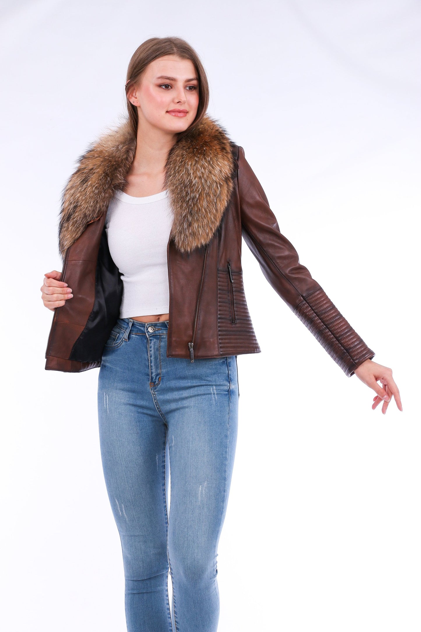 HYSOVA Leather Biker Jacket - Brown