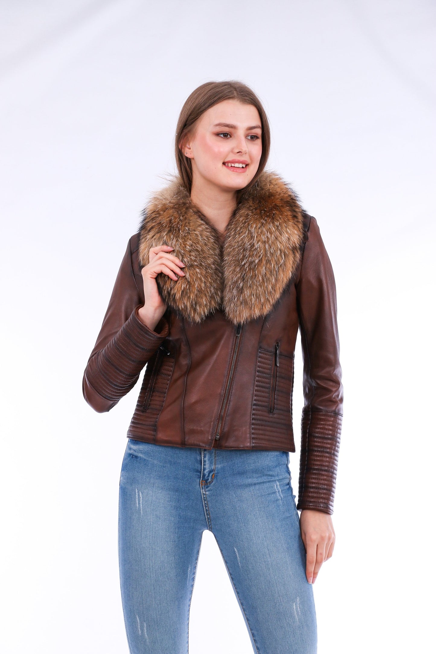 HYSOVA Leather Biker Jacket - Brown