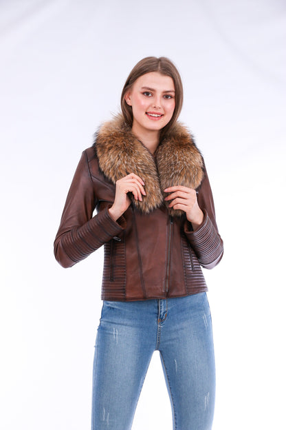 HYSOVA Leather Biker Jacket - Brown