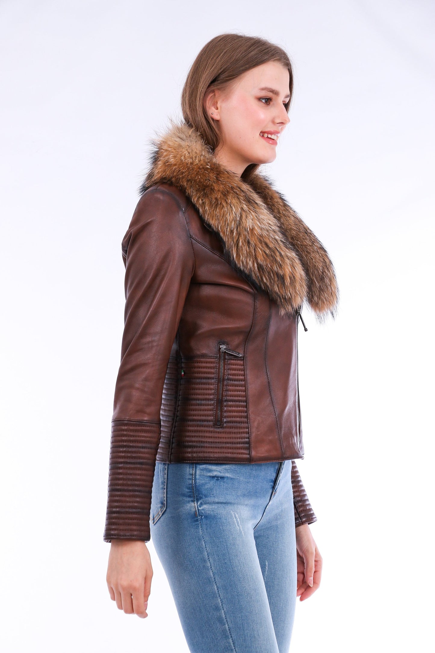 HYSOVA Leather Biker Jacket - Brown