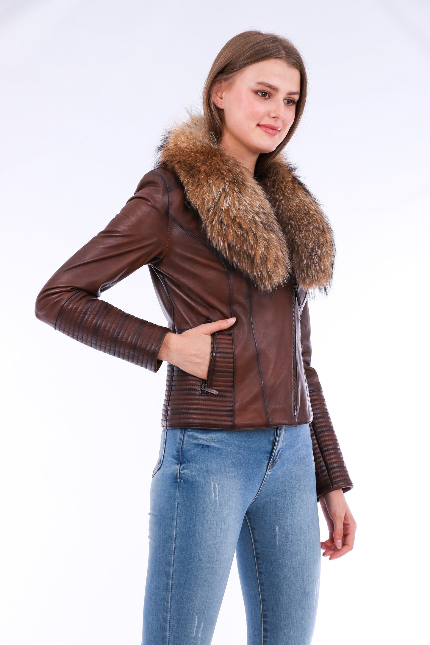 HYSOVA Leather Biker Jacket - Brown