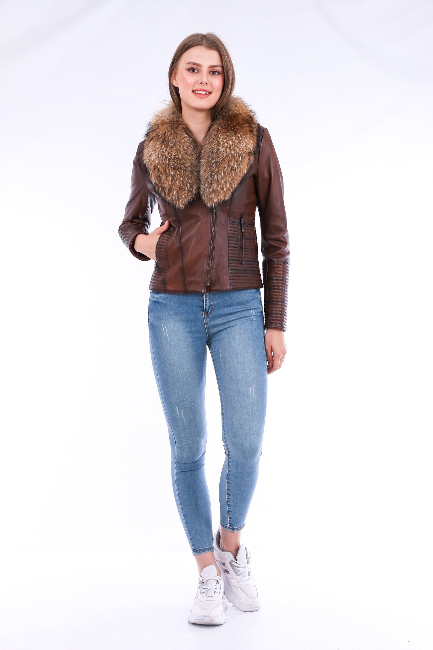 HYSOVA Leather Biker Jacket - Brown