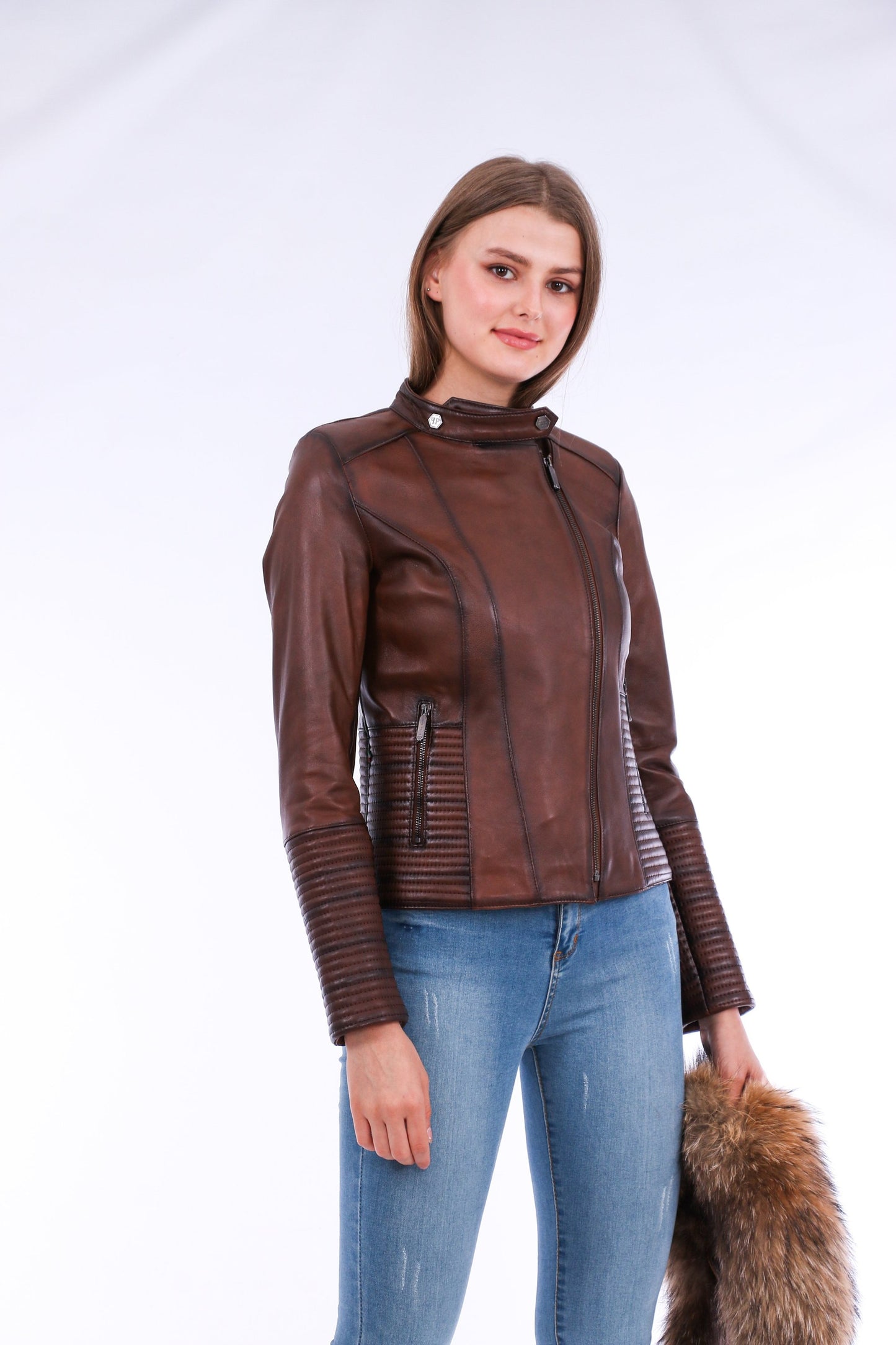 HYSOVA Leather Biker Jacket - Brown