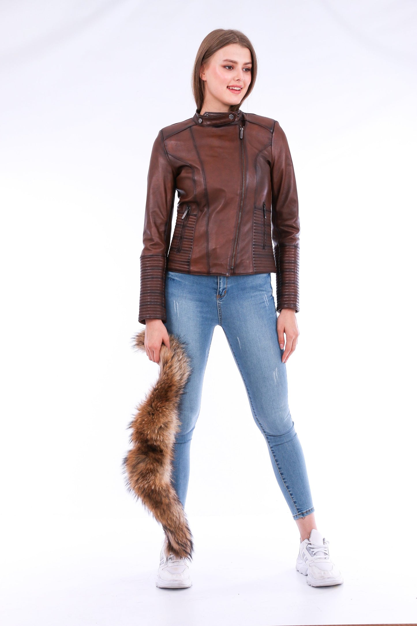 HYSOVA Leather Biker Jacket - Brown