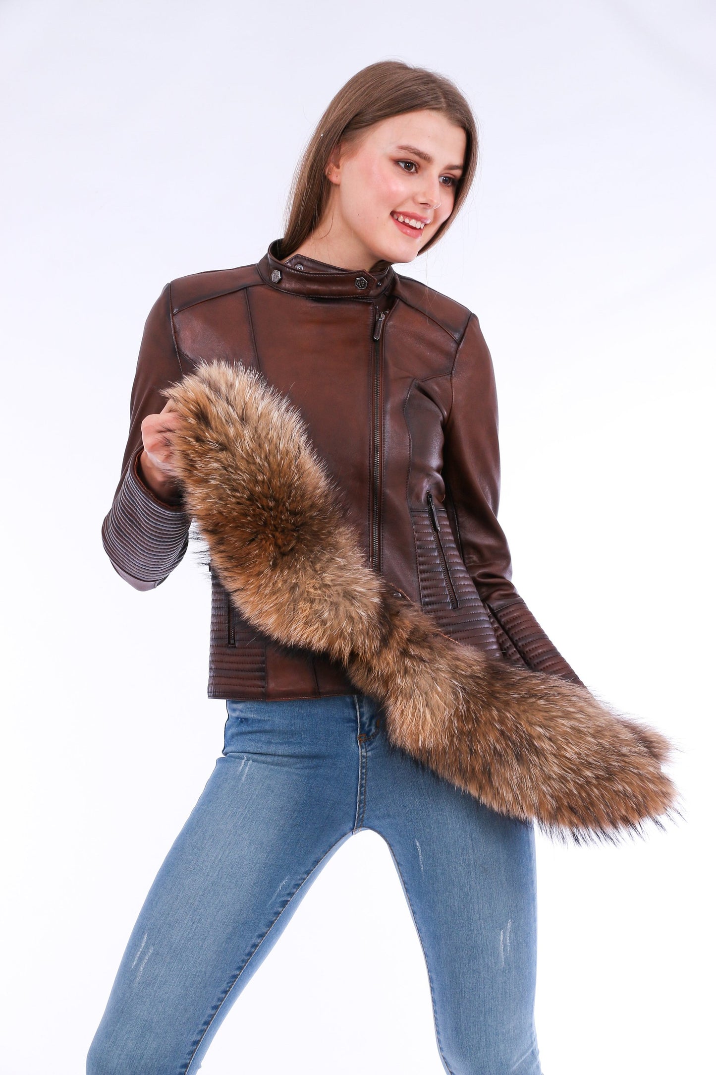 HYSOVA Leather Biker Jacket - Brown
