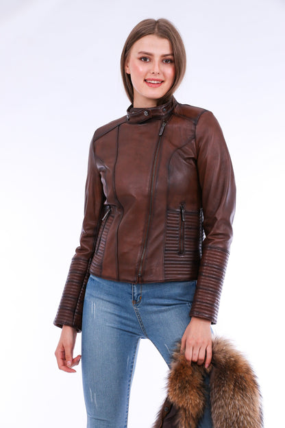 HYSOVA Leather Biker Jacket - Brown