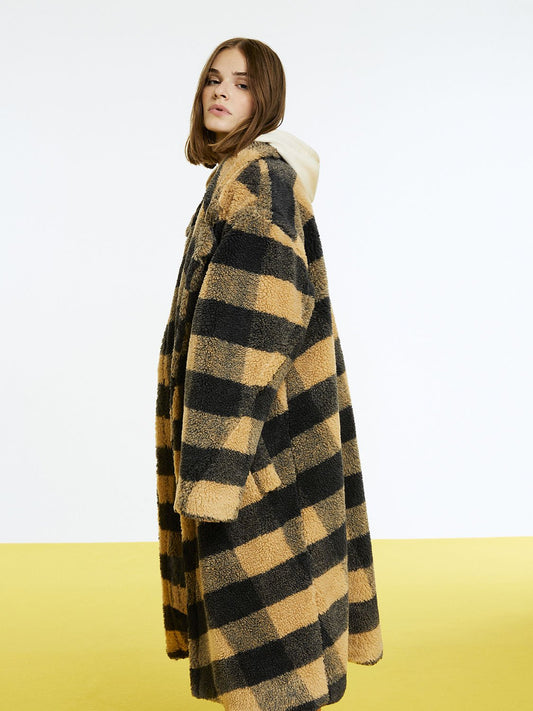 HYSOVA Double Breasted Plaid Faux Fur Coat