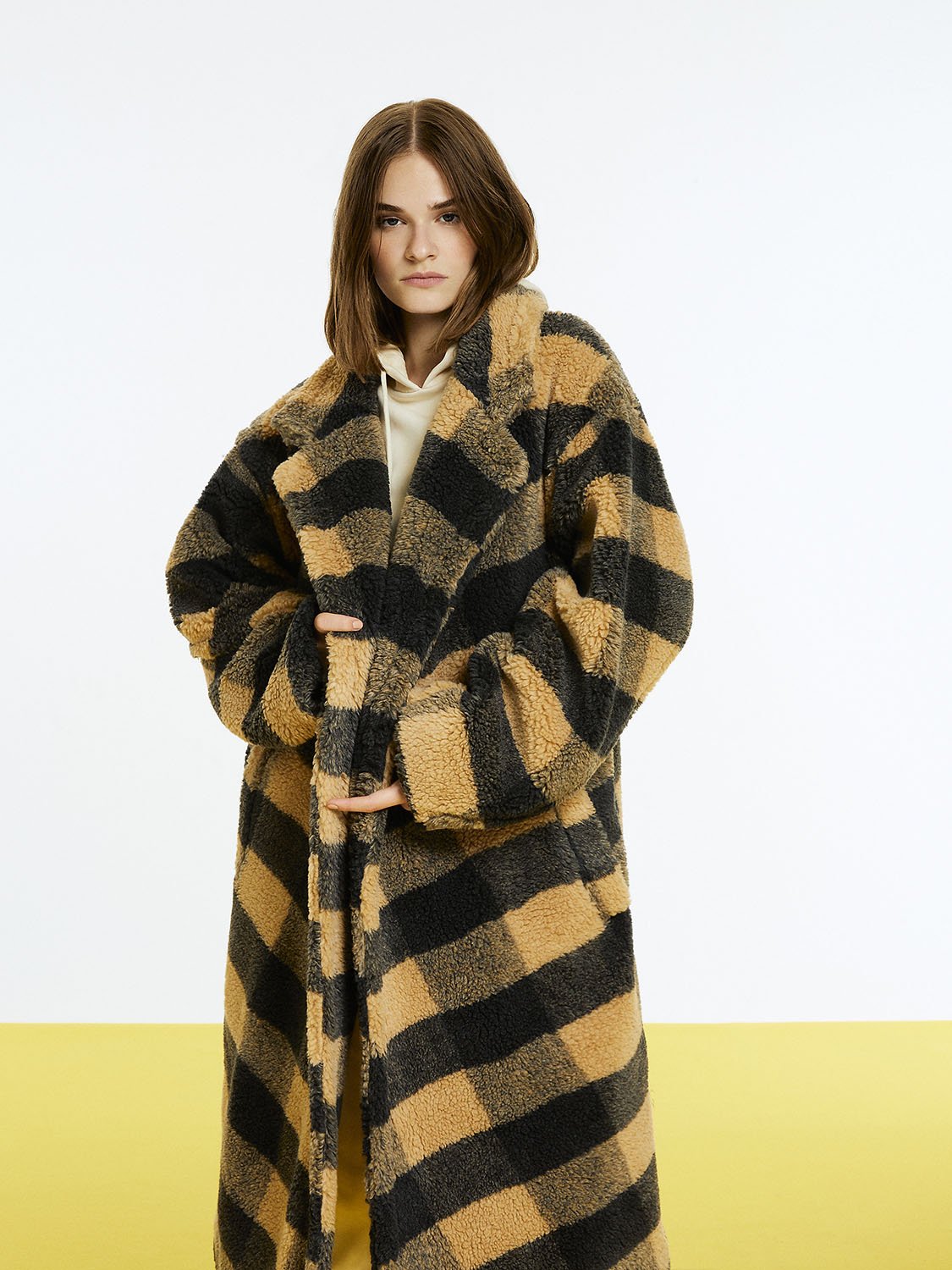 HYSOVA Double Breasted Plaid Faux Fur Coat