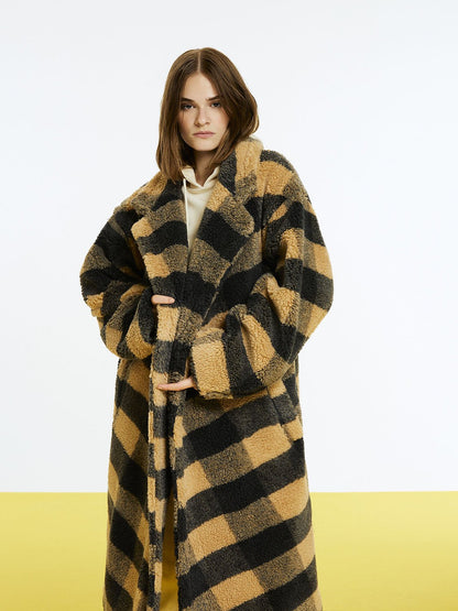 HYSOVA Double Breasted Plaid Faux Fur Coat