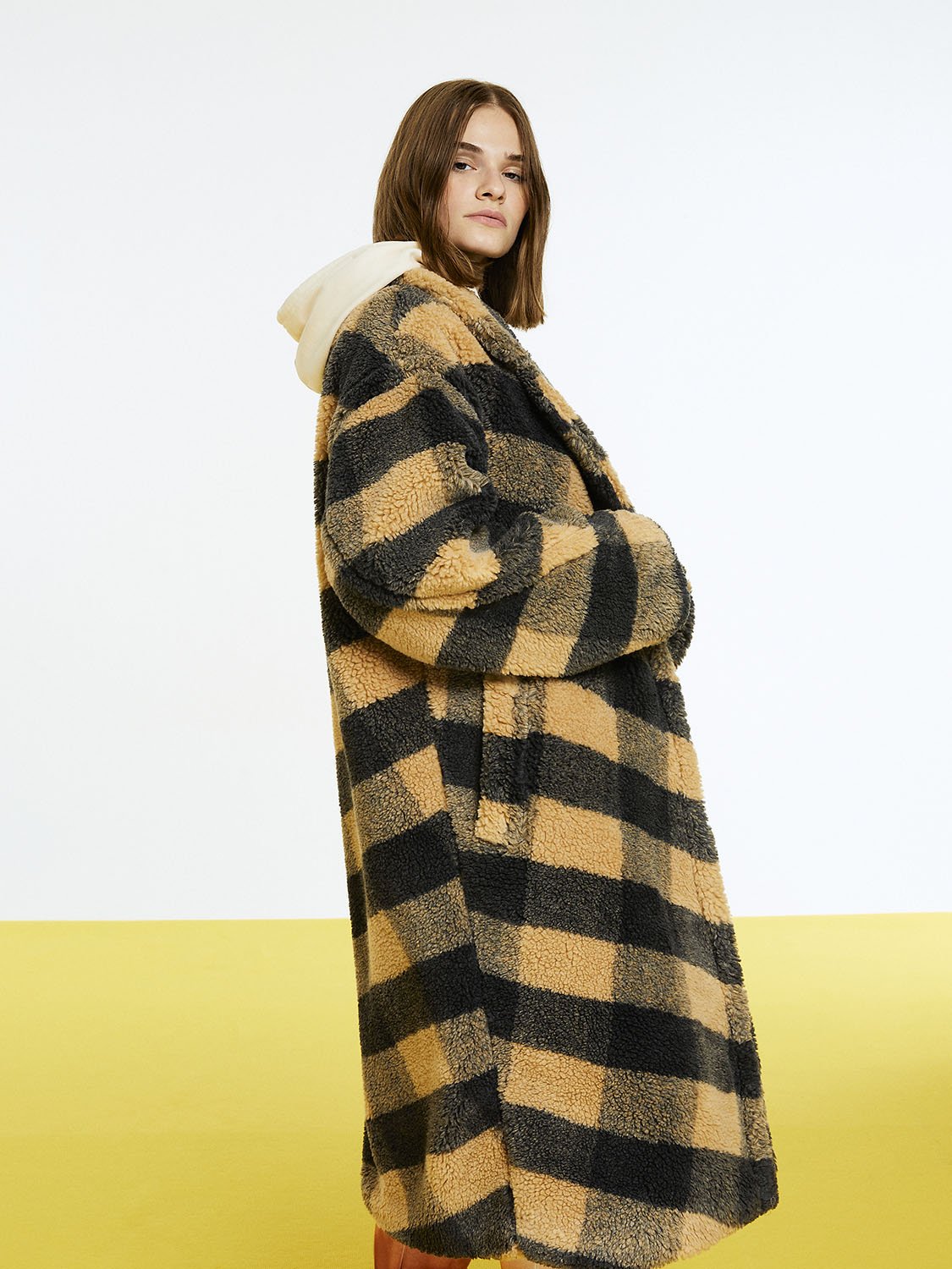 HYSOVA Double Breasted Plaid Faux Fur Coat