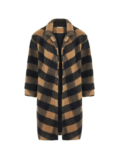 HYSOVA Double Breasted Plaid Faux Fur Coat