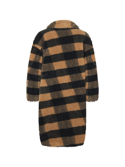 HYSOVA Double Breasted Plaid Faux Fur Coat